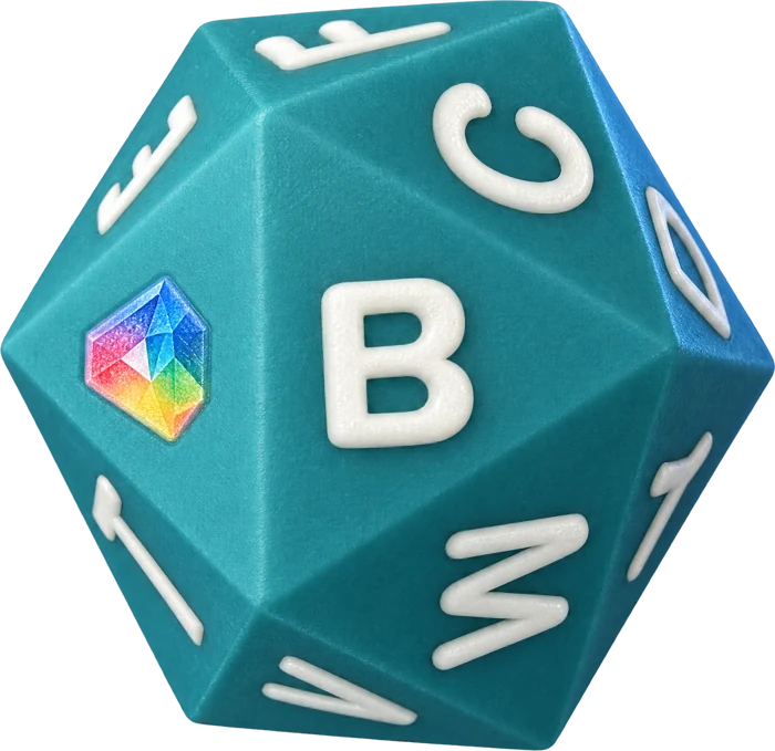 The teal 20-sided letter die