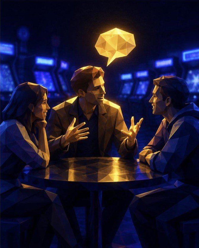 Low-poly illustration of friends around a table, one describing a clue to the others