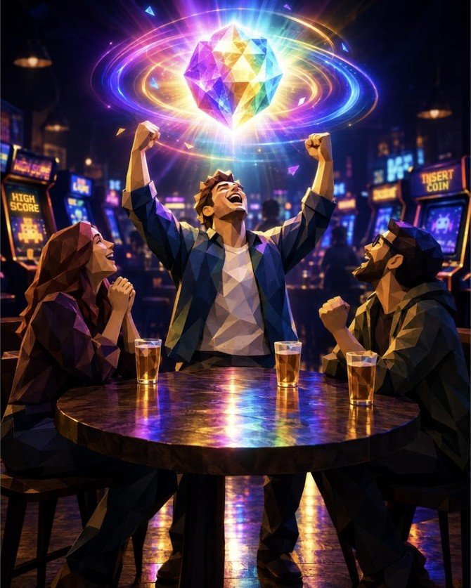 Low-poly illustration of three friends cheering as a radiant rainbow-faceted gem bursts to life above the table